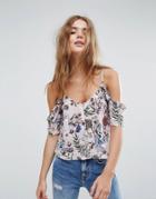 Pull & Bear Floral Printed Off The Shoulder Crop Top - Pink