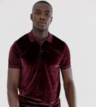 Asos Design Tall Polo Shirt In Velour In Burgundy - Red