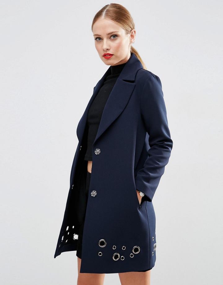 Asos Coat With Eyelet Detail - Navy