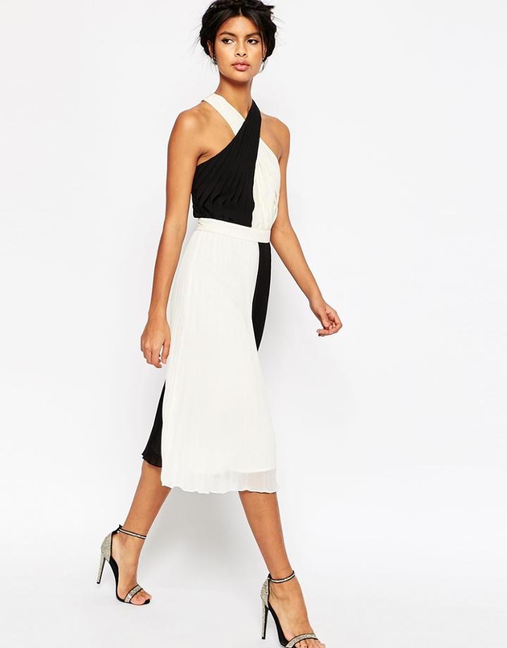 Asos Pleated Cross Over Midi Dress - Mono