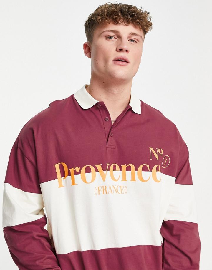 Asos Design Oversized Long Sleeve Polo T-shirt In Burgundy & Off White Stripe With Text Print-red