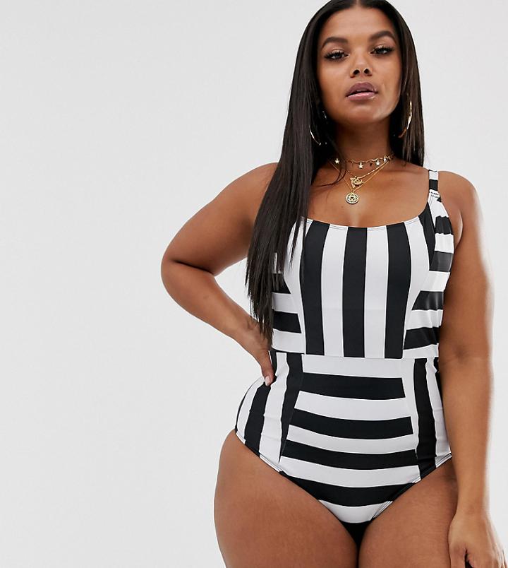 Wolf & Whistle Curve Exclusive Eco Stripe Swimsuit In Black & White