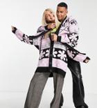Collusion Unisex Knitted Longline Cardigan In Lilac Print-multi