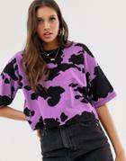 Asos Design Cropped Boxy T-shirt In Lilac Cow Print-purple