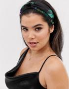 Asos Design Headband With Oversized Twist In Floral And Leaf Print - Black