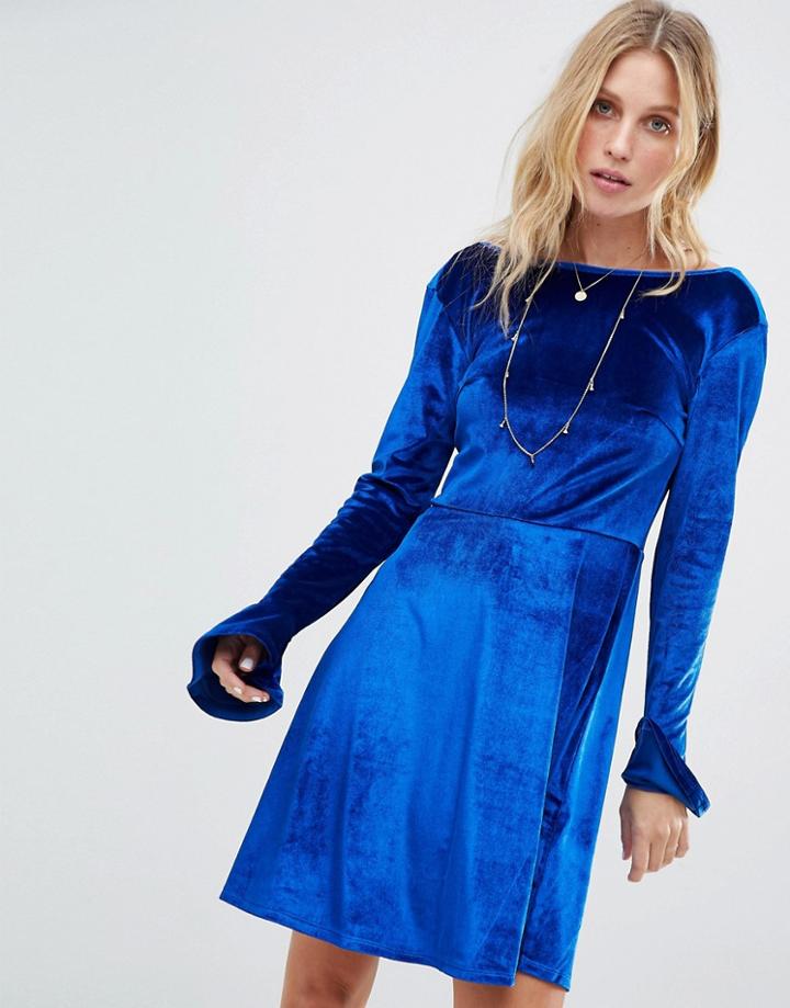 Asos Velvet Scoop Back Skater Dress With Frill Cuffs-blue