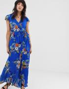 Band Of Gypsies Wrap Front Maxi Dress In Blue Floral Print