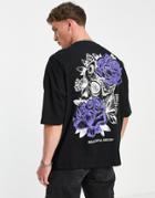 Asos Design Oversized T-shirt In Black With Roses Front & Back Print