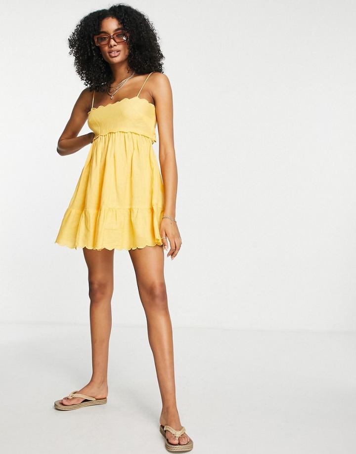 Asos Design Scallop Edge Cut Out Back Mini Sundress In Buttermilk-yellow