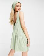 Asos Design Sleeveless Smock Dress With V Back In Sage-green