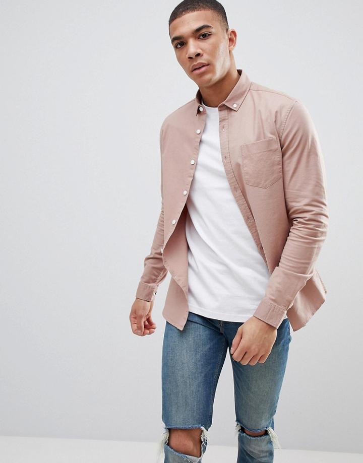 Asos Design Casual Slim Oxford In Natural - Brown