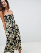 Asos Design Bandeau Jumpsuit With Cut Out And Drape Detail In Print - Multi