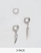 Asos Hinge Hoop Earring Pack In Silver With Feather Charm - Silver
