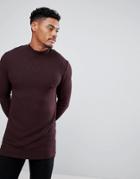 Asos Longline Muscle Long Sleeve T-shirt With Turtleneck In Knitted Jersey Rib In Oxblood - Red