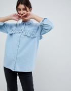Asos Design Denim Fringed Shirt In Midwash Blue - Blue