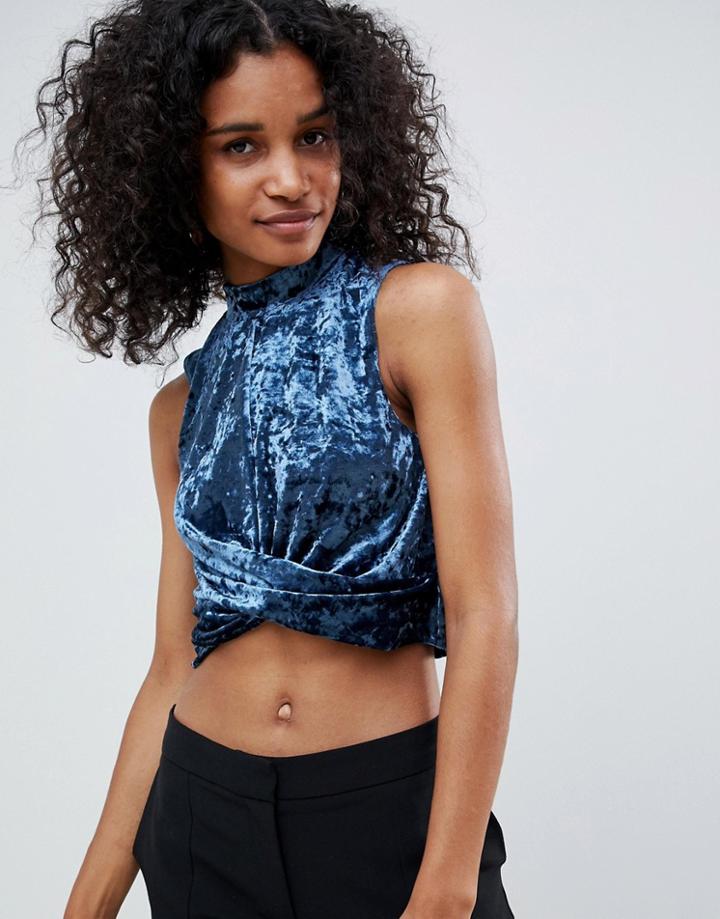 Unique 21 High Neck Velvet Crop Top - Blue