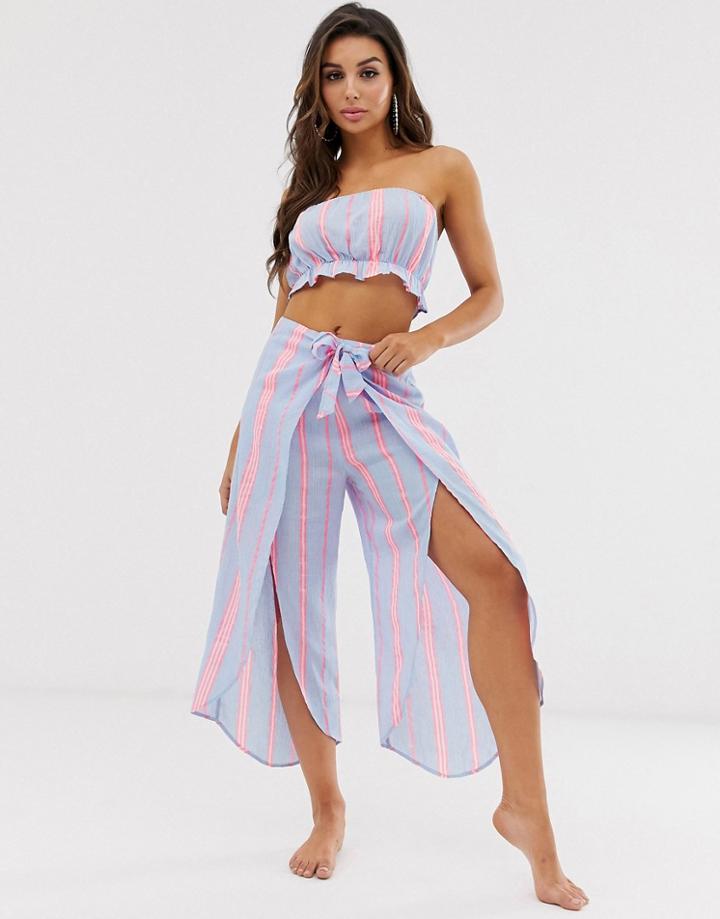 Asos Design Ruffle Front Beach Pants With Tie Waist & Splits In Neon Flash Stripe Two-piece-multi