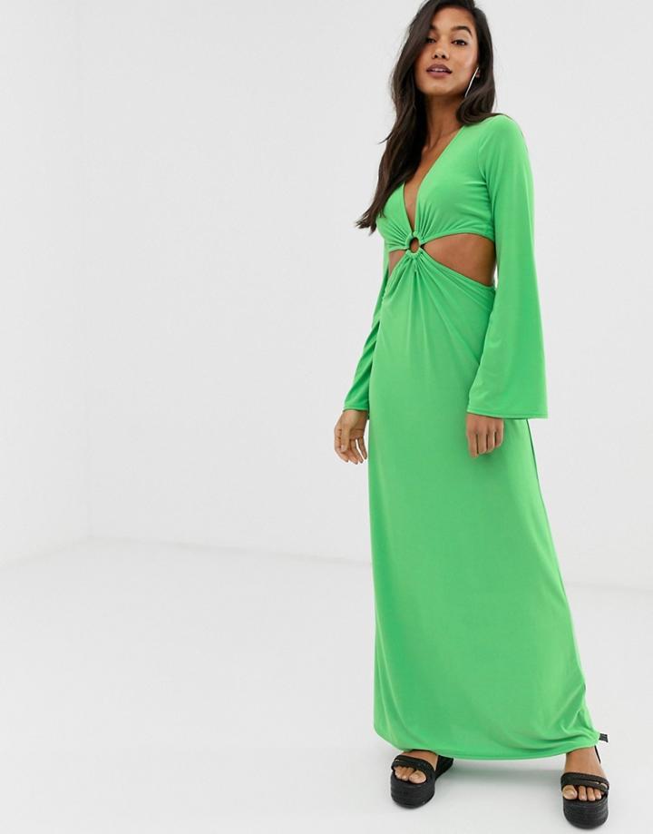 Asos Design Maxi Dress With Flared Sleeves And Ring Detail-green