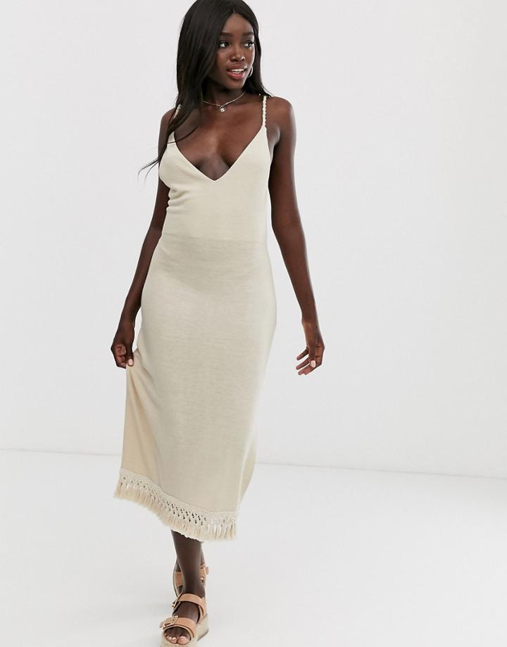 Asos Design Marl Midi Dress With Tassel Hem - Beige