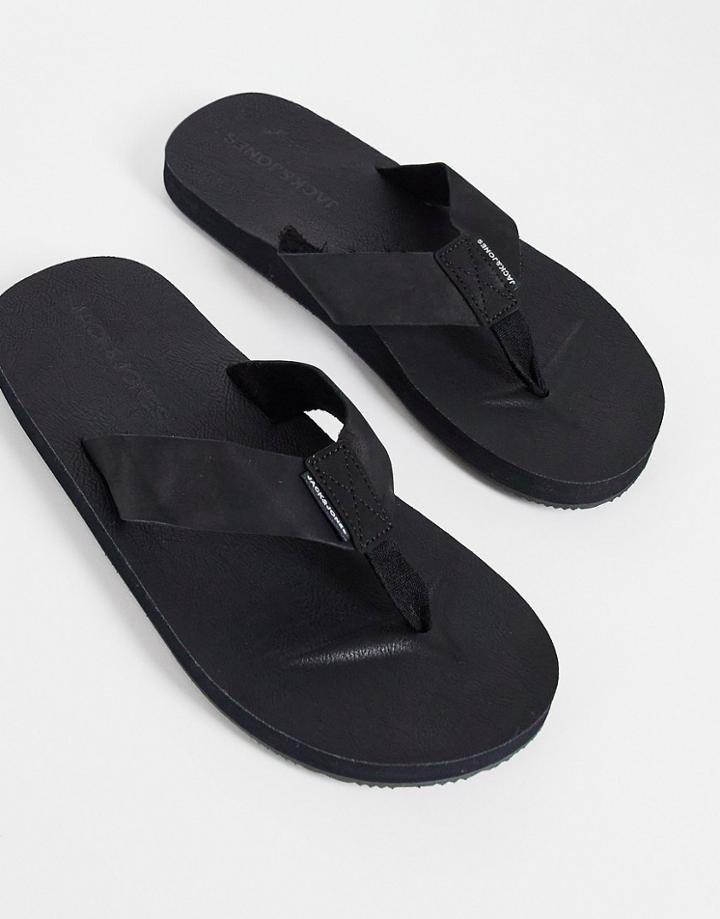 Jack & Jones Leather Flip Flops In Black