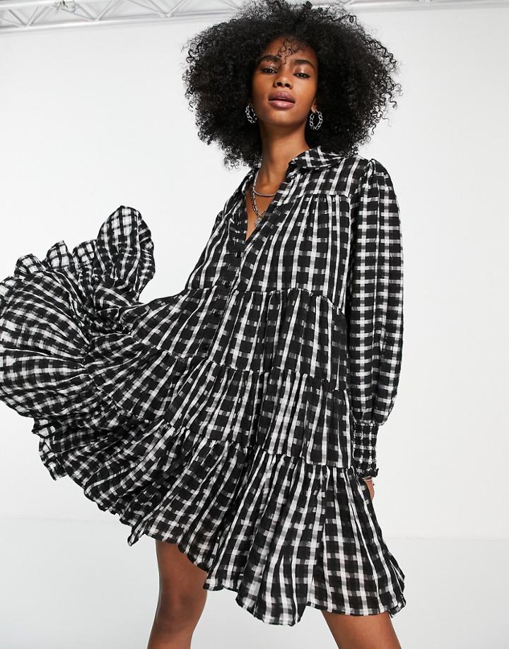Topshop Tiered Chuck On Check Mini Shirt Dress In Mono-multi