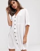 Asos Design V Neck Button Through Mini Smock Dress-white
