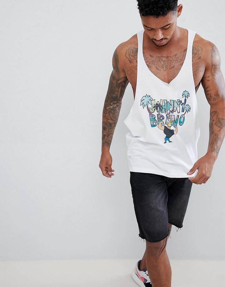 Asos Design Johnny Bravo Extreme Racer Back Tank With Raw Edge - White
