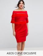 Asos Curve Pleat & Ruffle Off Shoulder Dress - Red