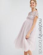 Little Mistress Maternity Short Sleeve Lace Bodice Mini Dress With Tulle Skirt - Pink
