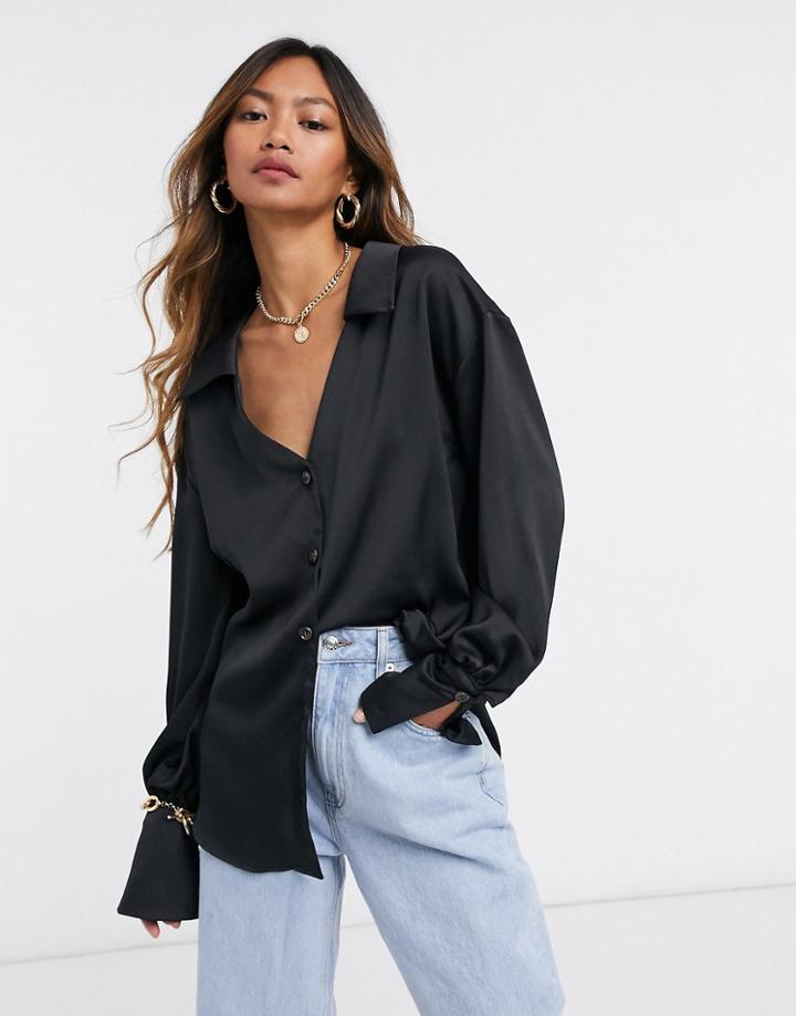 Asos Design Satin Shirt With Deep Cuff In Black-brown