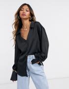 Asos Design Satin Shirt With Deep Cuff In Black-brown