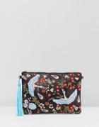 Yoki Embroidered Bird And Floral Clutch Bag With Tassel Detail - Blue