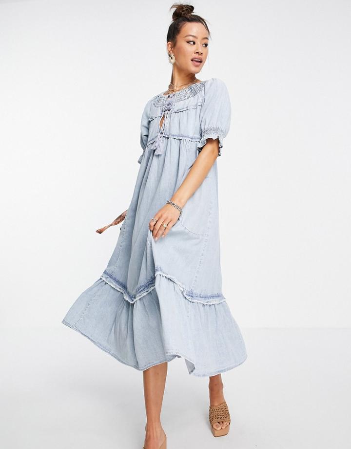 Free People One And Only Maxi Smock Dress With Tassel Tie In Vintage Wash Denim-blues