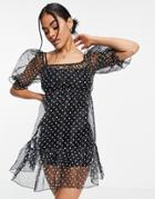 Missguided Tiered Smock Dress In Black Polka Dot