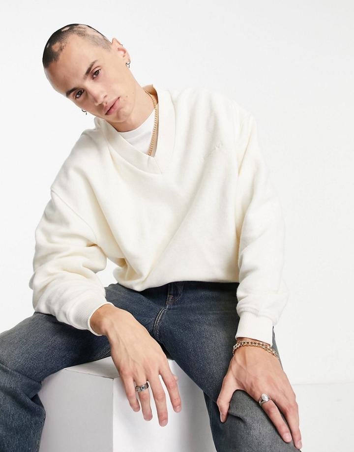 Reclaimed Vintage Inspired V Neck Sweatshirt With Chest Embroidery In Ecru-neutral