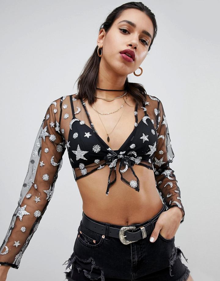 Motel Tie Front Crop Top In Metallic Star And Moon Mesh - Black