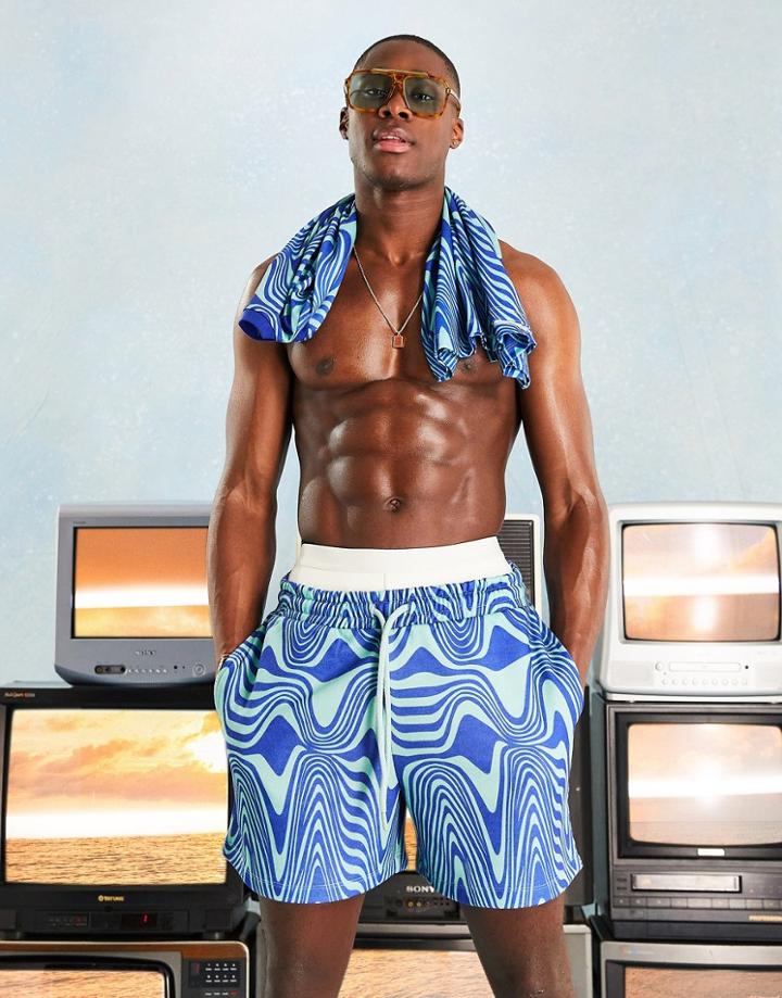 Asos Design Relaxed Shorts In Blue With All Over Wave Print - Part Of A Set
