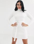 Asos Design Belted Rib Knit Mini Dress With Roll Neck-cream