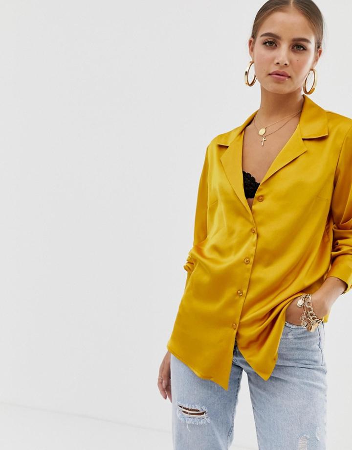 Asos Design Relaxed Satin Long Sleeve Shirt - Gold