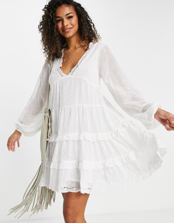 Asos Design Soft Tiered Mini Smock Dress In Mixed Textured In White