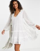 Asos Design Soft Tiered Mini Smock Dress In Mixed Textured In White