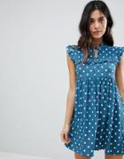 Motel Sleeveless Tea Dress With Collar In Vintage Spot - Blue
