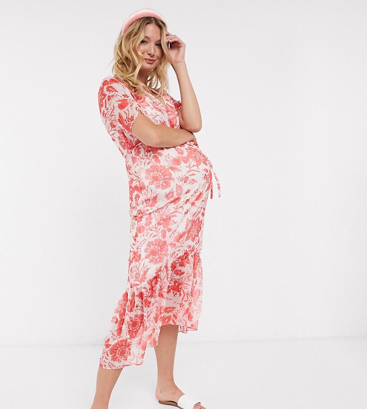 Hope & Ivy Maternity Button Front Midaxi Dress With Ruffle Hem In Red Floral