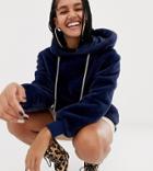 Asos Design X Laquan Smith Oversized Faux Fur Hoodie With Embellished Draw Cord - Navy