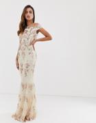 Goddiva Off Shoulder Bardot Placement Lace Maxi Dress In Blush And Gold - Multi