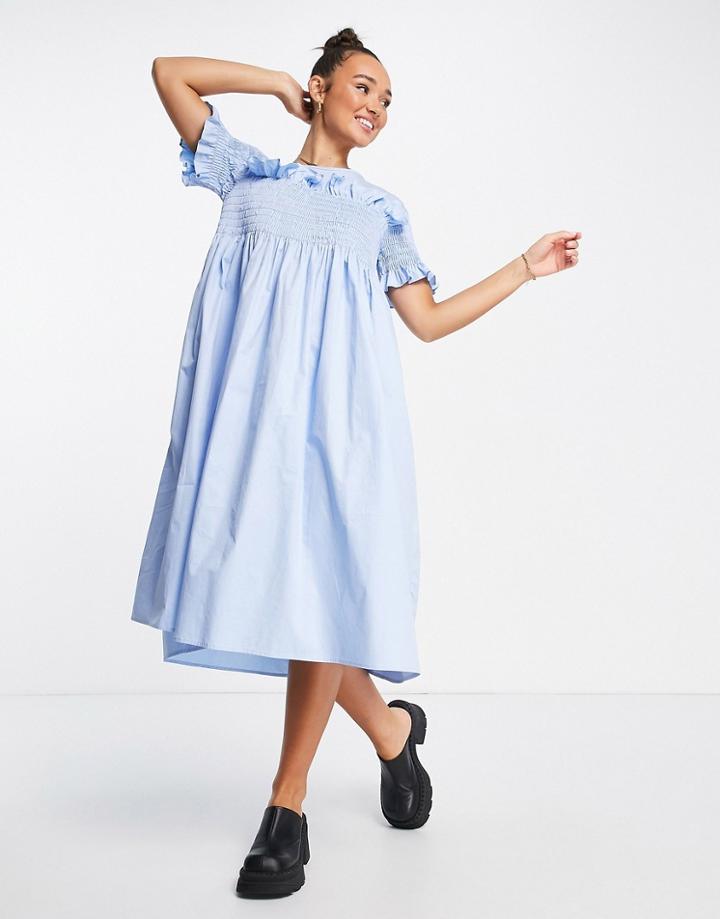 Lost Ink Shirred Frill Detail Midaxi Dress In Cornflower Blue