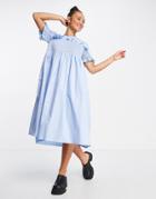 Lost Ink Shirred Frill Detail Midaxi Dress In Cornflower Blue