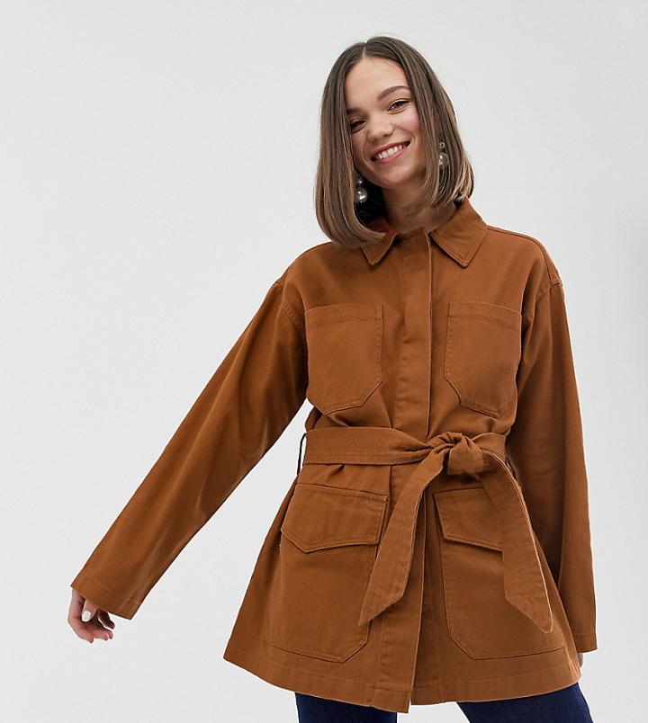 Monki Denim Belted Jacket With Oversized Pockets In Rust-red