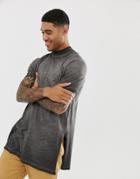 Asos Design Relaxed Super Longline T-shirt With Turtleneck And Side Splits In Textured Fabric With Gray Pigment Wash - Gray