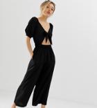 Asos Design Petite Tea Jumpsuit With Puff Sleeve And Tie Detail - Black